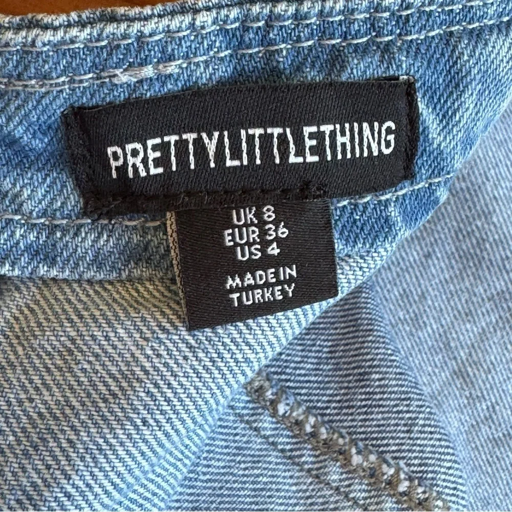 PrettyLittleThing Denim Cotton Patchwork Strapless Mini Dress Blue Stripe